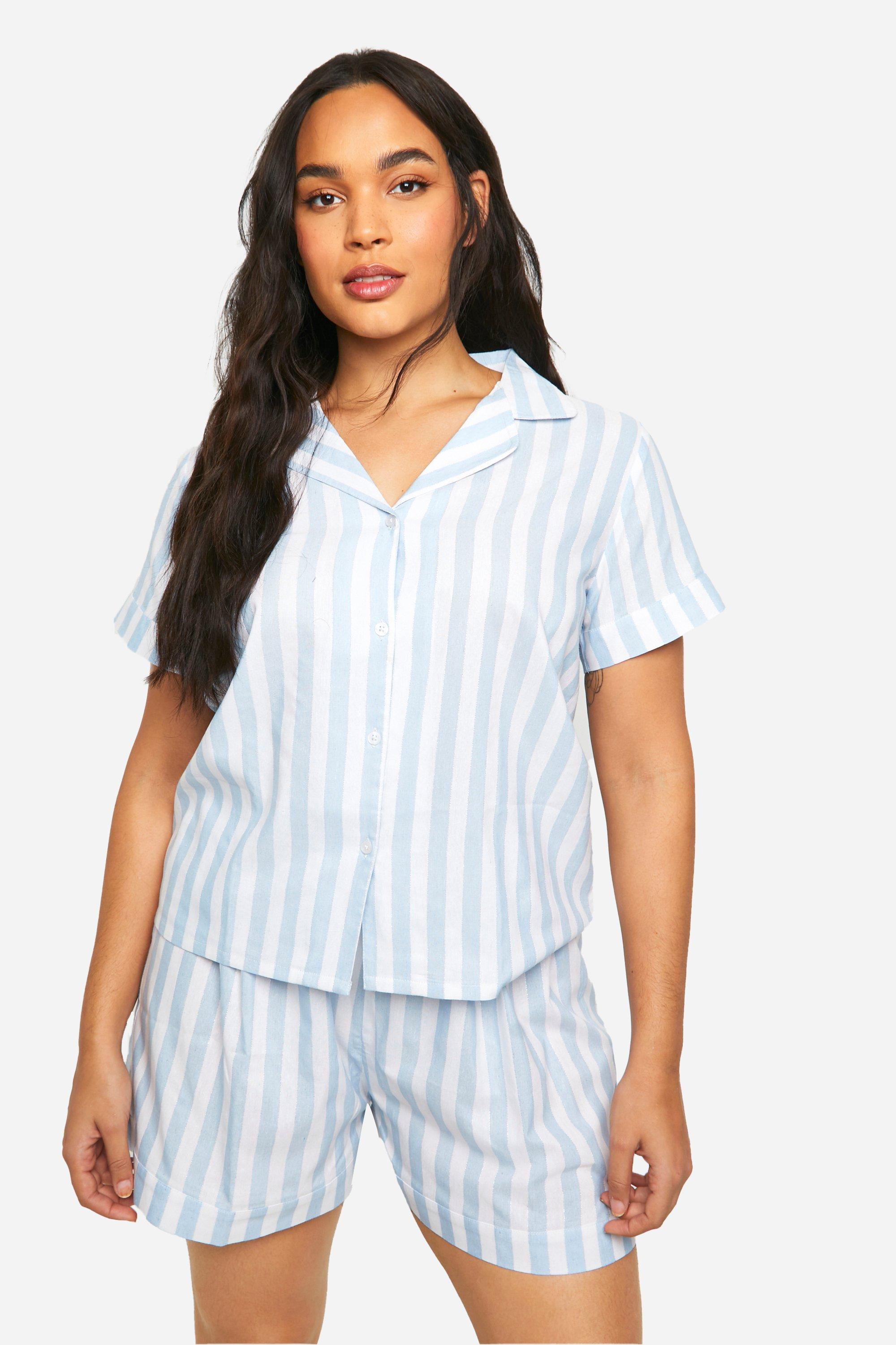 Womens Plus Cotton Stripe Shirt And Short Pyjama Set - Blue - 16, Blue